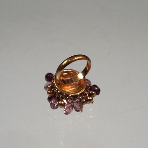 Cocktail Ring Purple And Gold Tone Beaded Ring Size 8 - Picture 7 of 12